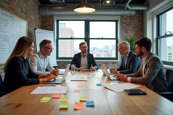 Équipe pluridisciplinaire en réunion de travail autour d'outils numériques, représentant la transformation digitale collaborative en entreprise