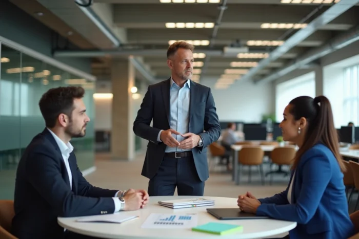 Trois associés discutant d'une stratégie de lancement d'entreprise dans un espace de coworking
