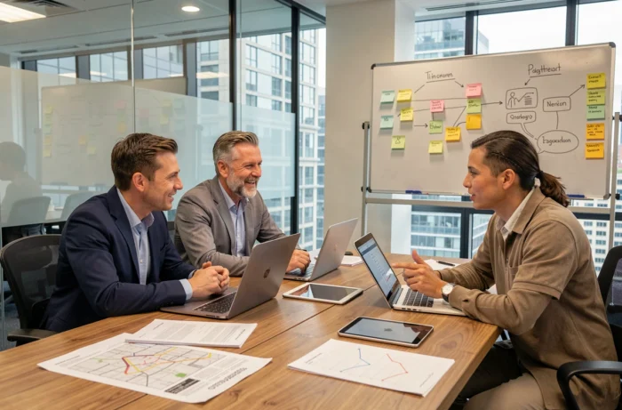 Équipe professionnelle collaborant autour d'une stratégie digitale innovante en salle de réunion moderne
