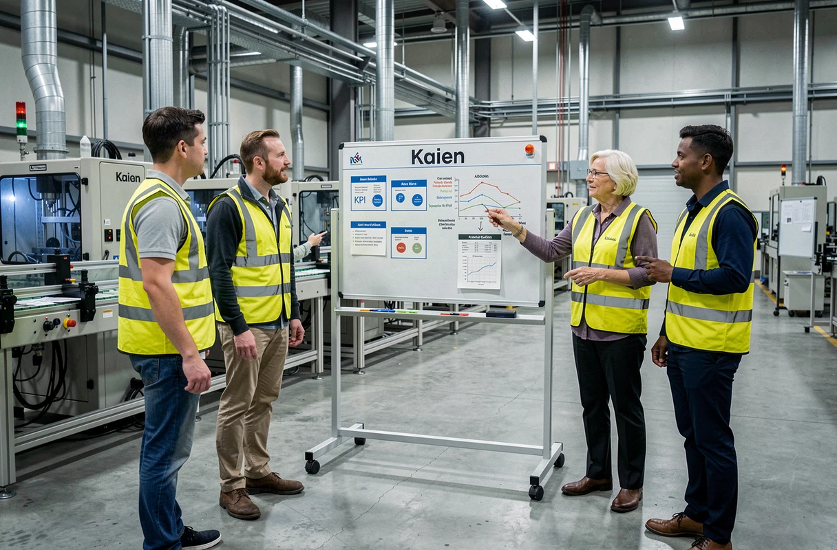 Équipe d'employés en usine discutant autour d'un tableau Kaizen dans le cadre d'une démarche d'amélioration continue