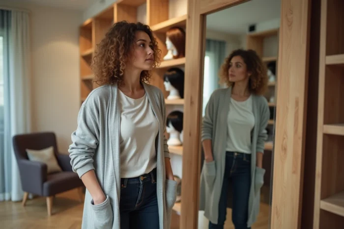 Femme essayant une prothèse capillaire dans une boutique spécialisée agréée mutuelle