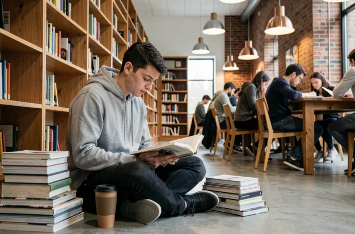 Un étudiant universitaire concentré lit dans une bibliothèque contemporaine entouré de livres et de manuels