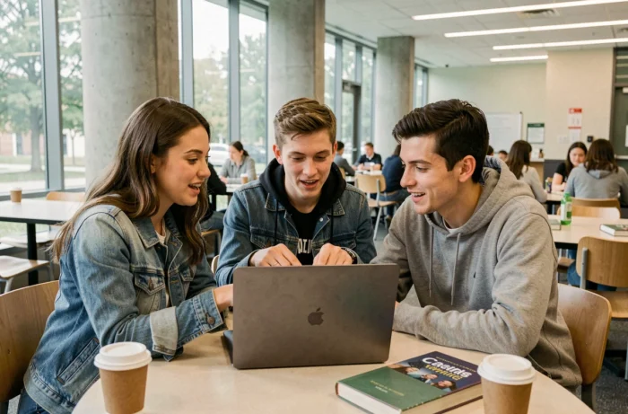 Groupe d'étudiants discutant et vérifiant des informations en ligne ensemble sur un ordinateur portable dans une cafétéria universitaire