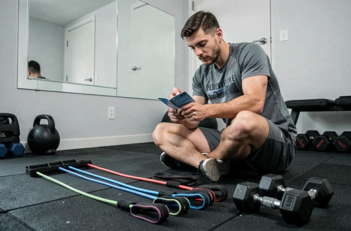 Homme évaluant des équipements de musculation à domicile pour optimiser ses performances sportives