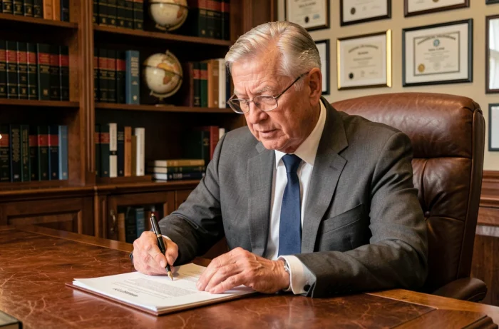 Expert patrimonial senior examinant attentivement un document de planification successorale dans un bureau traditionnel