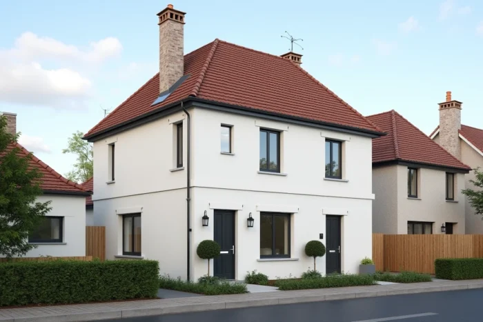 Maison avec agrandissement latéral terminé intégré à la façade, séparation nette avec la propriété voisine