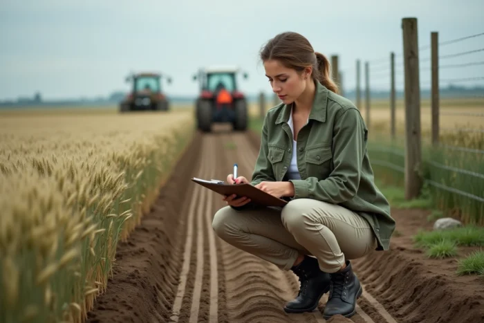 Femme agricultrice annotant des données UTH sur un clipboard au bord d'un champ de blé