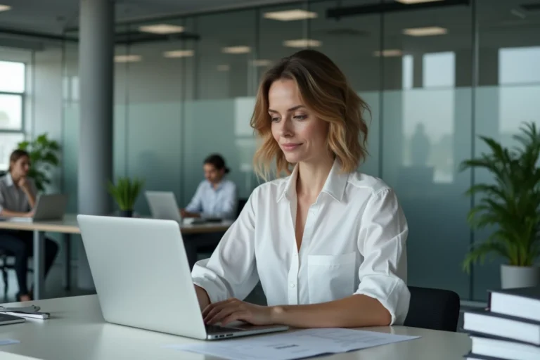 Femme professionnelle consultant une interface d'enregistrement de nom de domaine sur ordinateur portable dans un bureau moderne, entourée de documents juridiques
