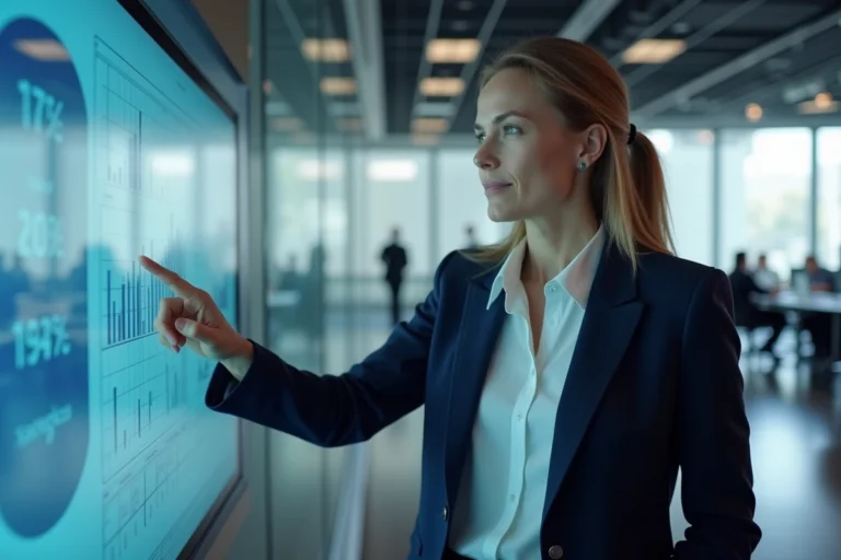 Femme cadre en entreprise présentant un tableau de bord numérique dans un bureau moderne, illustrant la digitalisation des processus d'entreprise