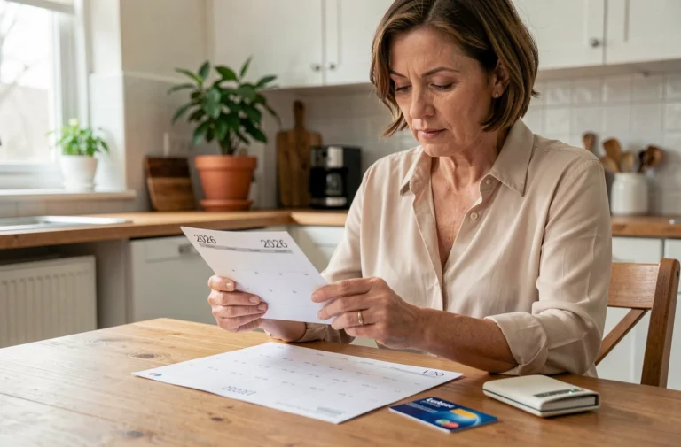 Femme consultant un calendrier 2026 avec une carte Leclerc et un chéquier posés sur une table de cuisine