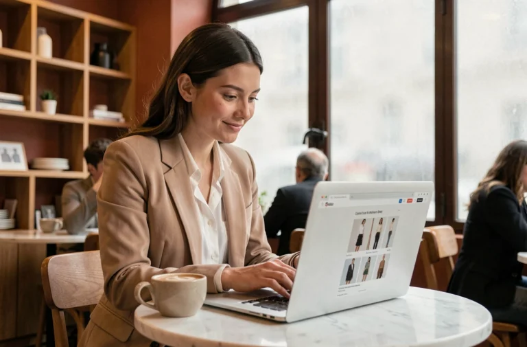 Jeune femme consultant le site web de Fashion Collection sur un ordinateur portable dans un café parisien moderne