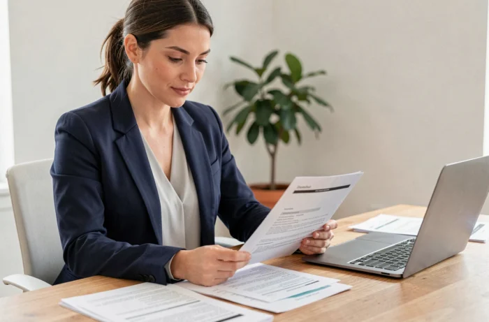 Femme professionnelle relisant son CV à son bureau pour trouver un emploi