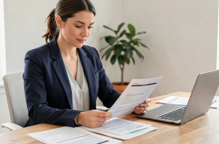 Femme professionnelle relisant son CV à son bureau pour trouver un emploi