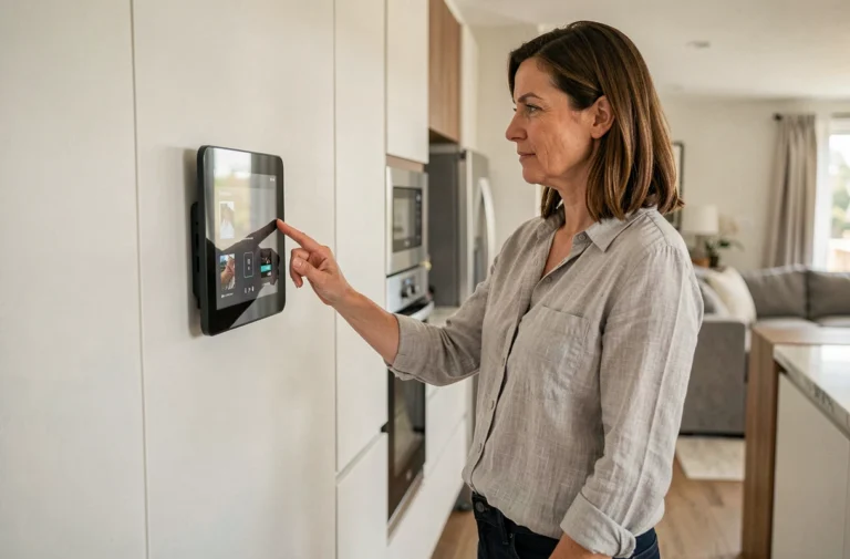 Femme utilisant un panneau de contrôle domotique dans une cuisine moderne connectée