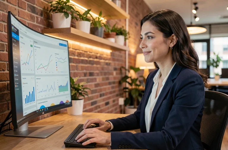 Femme entrepreneuse analysant des données de business en ligne sur un grand écran incurvé dans un bureau moderne à domicile
