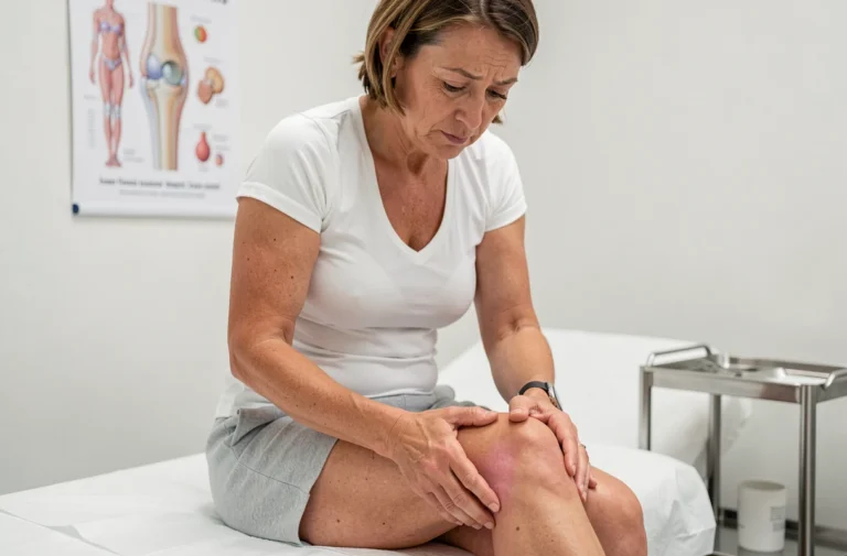 Femme d'âge moyen examinant un kyste derrière le genou en cabinet médical