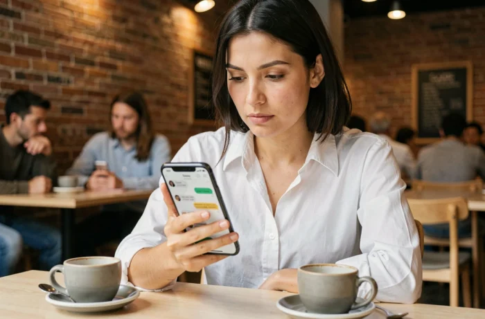Femme consultant ses anciennes conversations avec une IA sur smartphone dans un café urbain