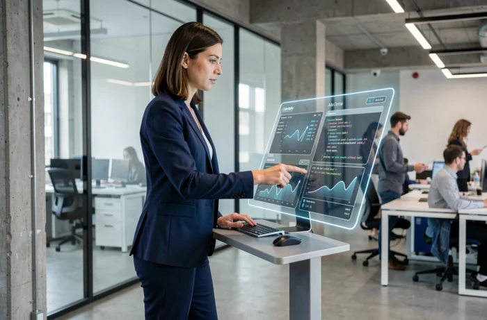 Femme professionnelle interagissant avec une interface technologique holographique dans un bureau moderne et innovant