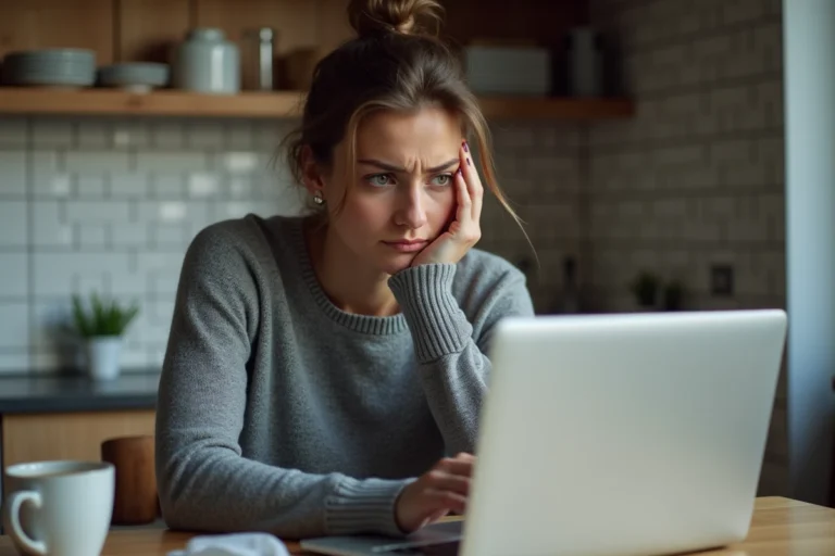 Femme inquiète consultant son compte Banque Postale sur un ordinateur portable pour identifier un virement débit sans nom