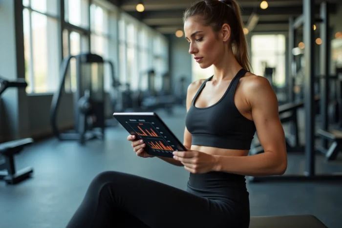 Femme consultant un tableau de pourcentage de masse musculaire sur une tablette dans une salle de sport moderne