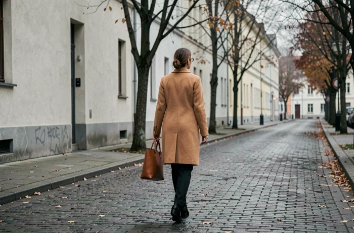 Femme minimaliste marchant seule dans une rue urbaine épurée en automne portant un manteau camel et un sac en cuir simple