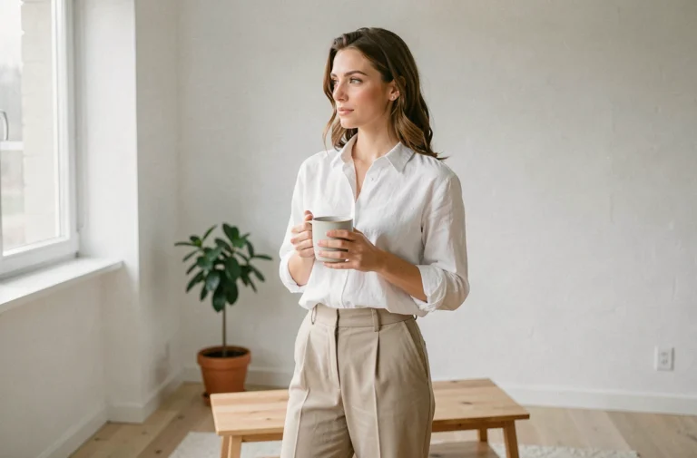 Femme minimaliste sereine tenant une tasse de café dans un salon épuré scandinave aux murs blancs et au mobilier simple