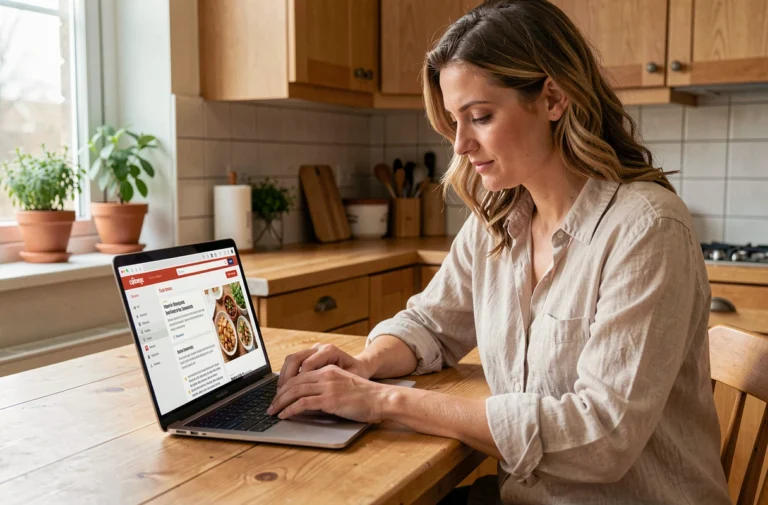 Femme consultant le plan du site d'un blog culinaire gratuit sur son ordinateur portable dans une cuisine moderne