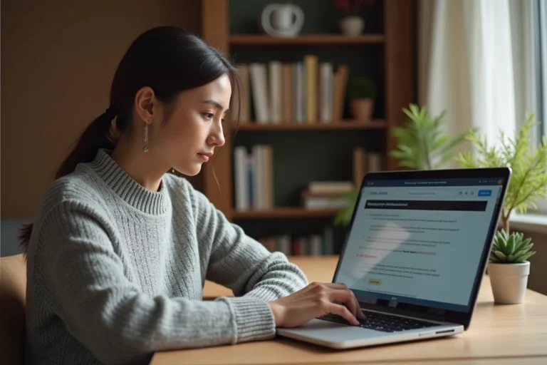 Femme utilisant un ordinateur portable affichant une erreur sur un portail de gestion immobilière MyFoncia à son bureau à domicile