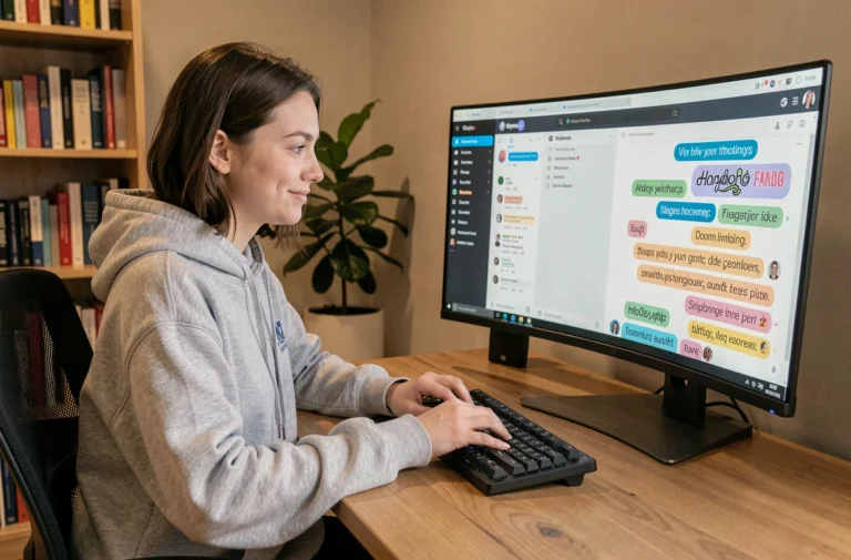 Jeune femme personnalisant des messages Discord avec différentes polices d'écriture sur son ordinateur de bureau