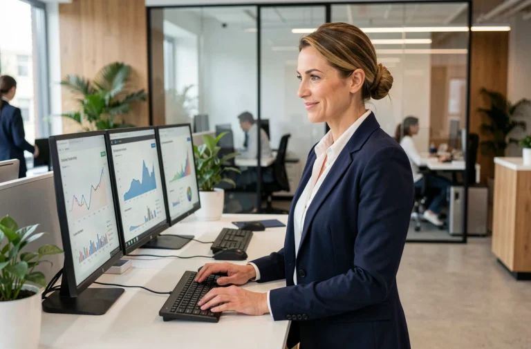 Professionnelle en blazer analysant des tableaux de bord numériques dans un bureau moderne pour optimiser les performances de son entreprise
