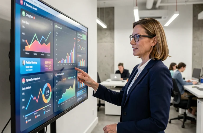 Femme professionnelle interagissant avec un écran tactile affichant des tableaux de bord d'analytique digitale dans un bureau moderne