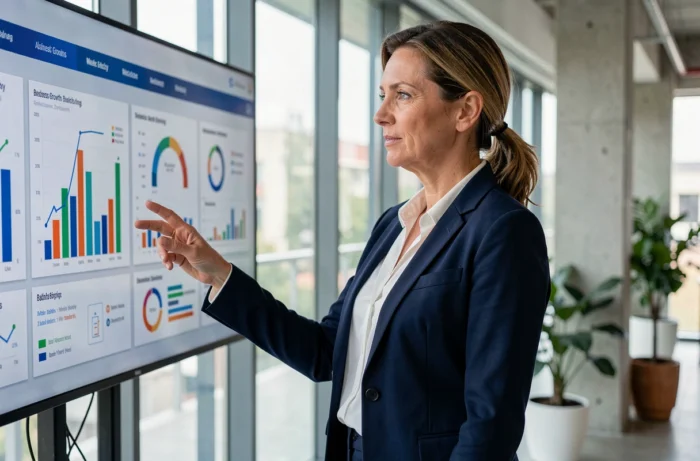 Femme professionnelle présentant des solutions digitales et tableaux de bord analytiques dans un bureau moderne en 2024