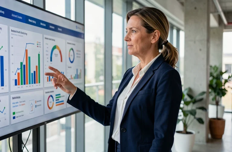 Femme professionnelle présentant des solutions digitales et tableaux de bord analytiques dans un bureau moderne en 2024