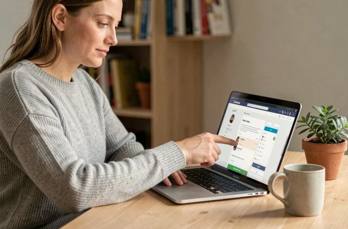 Femme cherchant des informations de contact sur un site shopping depuis son bureau à domicile
