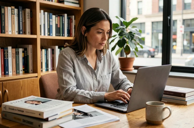 Femme consultant des informations fiables sur un ordinateur portable dans un bureau à domicile entouré de livres de référence