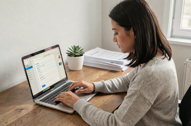Femme utilisant une application en ligne pour remplir un formulaire PDF interactif sur un ordinateur portable dans un bureau à domicile moderne