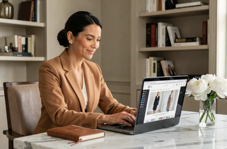 Femme élégante en blazer camel faisant du shopping de luxe en ligne sur un ordinateur portable dans un bureau raffiné