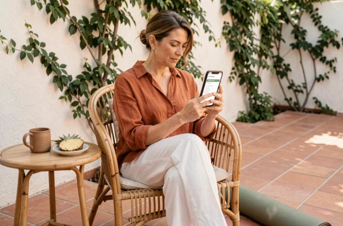 Femme en tenue décontractée parcourant la carte du site Ananas Et Asanas sur smartphone depuis une terrasse extérieure ensoleillée