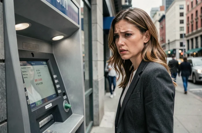 Femme découvrant un solde négatif sur son compte bancaire à un distributeur automatique