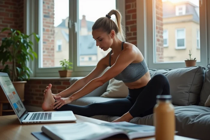 Femme sportive consultant des magazines et actualités sportives dans un appartement moderne