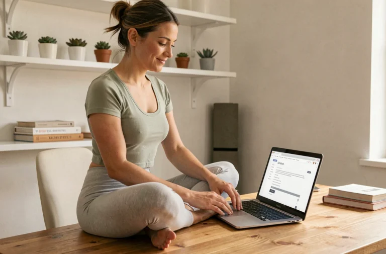Femme pratiquant le yoga consultant la carte du site Ananas Et Asanas sur un ordinateur portable dans un bureau à domicile zen