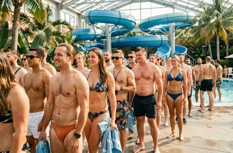 Groupe de visiteurs faisant la queue à l'entrée d'Aquaboulevard un week-end chargé