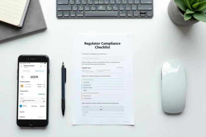 Vue aérienne d'un bureau minimaliste avec clavier, checklist de conformité législative pour sites web et smartphone affichant un tableau de bord de gestion de noms de domaine