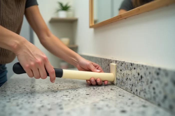 Une femme installe un fond de joint en mousse cylindrique dans un écart moyen entre un plan de travail en granit et un mur plâtré lors d'une rénovation de cuisine