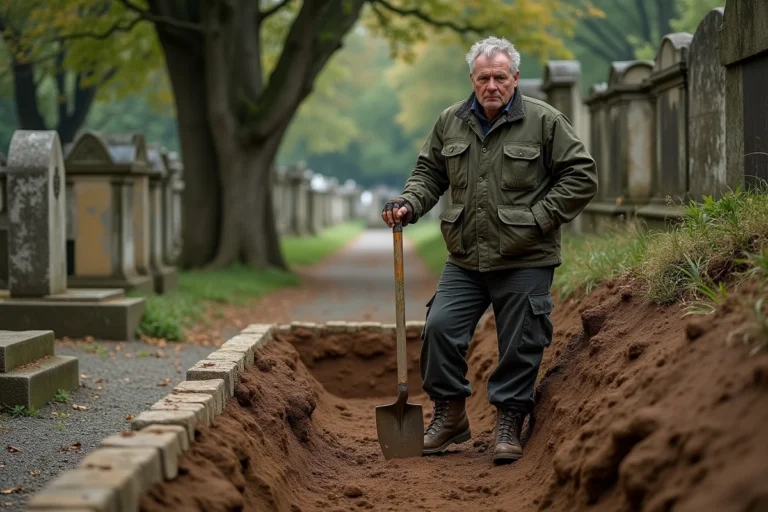 Fossoyeur professionnel debout à côté d'une tombe fraîchement creusée dans un cimetière français avec des pierres tombales en calcaire couvertes de mousse