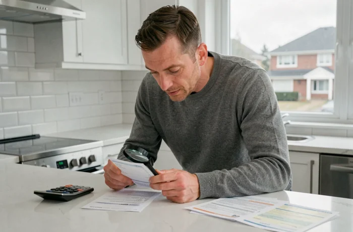 Homme scrutant une facture de billet d'avion pour repérer les frais cachés avec une loupe et une calculatrice