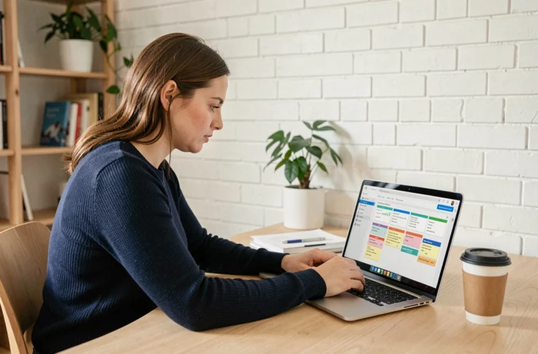 Freelance travaillant sur un tableau de bord de gestion de projets depuis son bureau à domicile