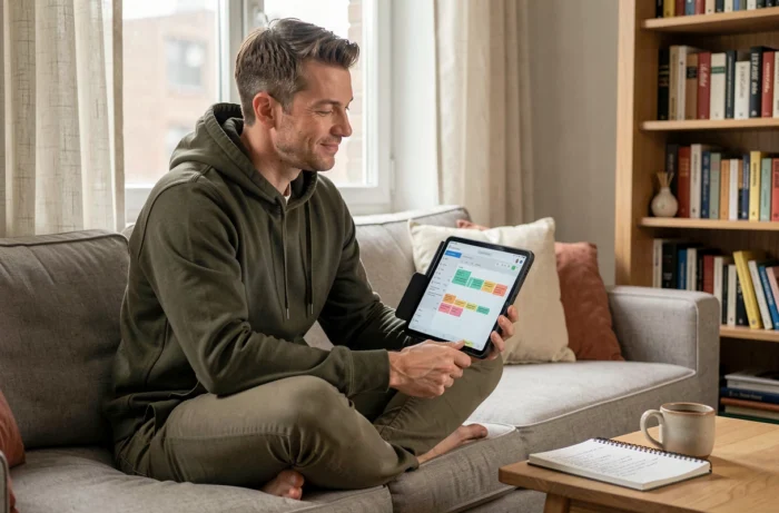 Freelance consultant révisant ses tâches sur une application de workflow depuis son appartement