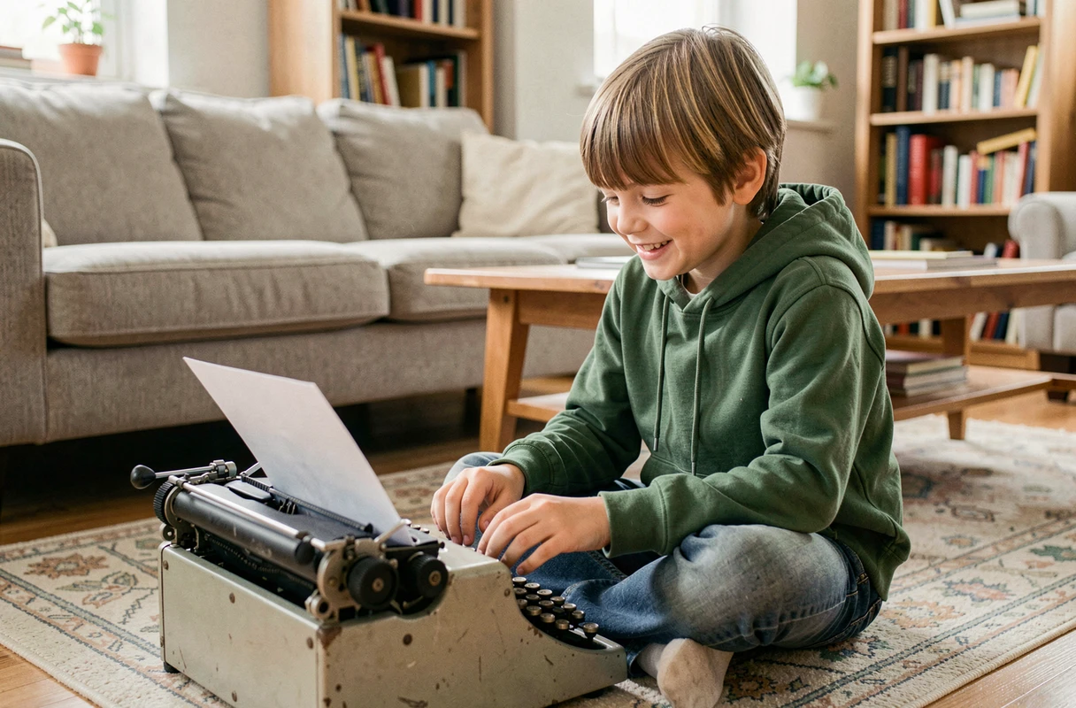 Garçon souriant lisant sa première page tapée sur une machine à écrire mécanique pour enfants dans un salon familial