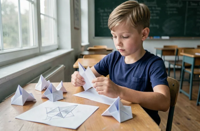 Garçon appliqué pliant une feuille de papier en origami sur son bureau scolaire entouré de dessins au crayon dans une salle de classe